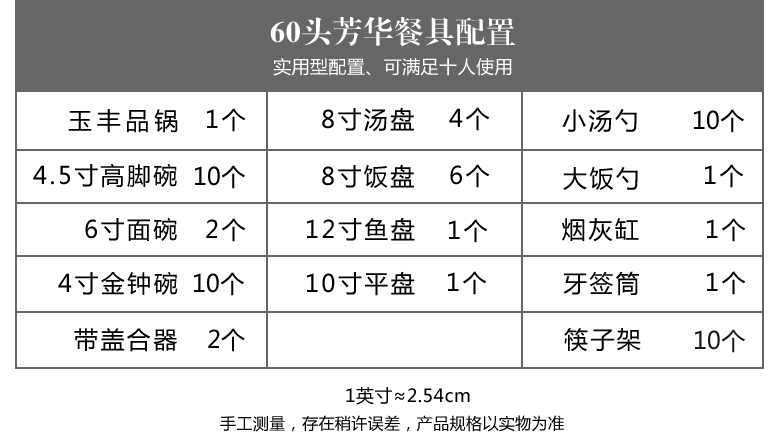 景德鎮60頭金邊家用骨瓷餐具套裝（芳華）配置表