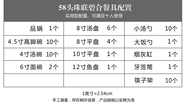 景德鎮家用58頭骨瓷餐具套裝（珠聯碧合）配置表