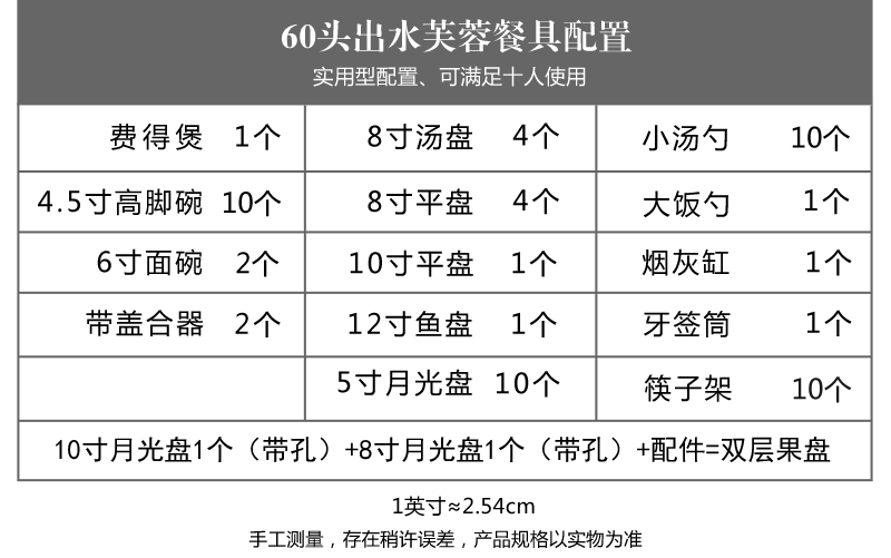 60頭釉中精美骨瓷餐具套裝（出水芙蓉）配置表