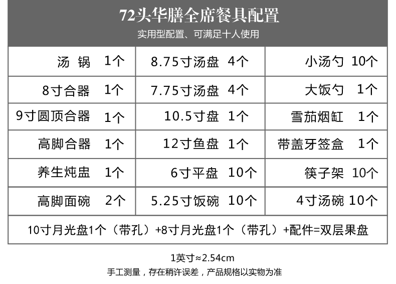 景德鎮72頭青花高檔骨瓷餐具（華膳全席）配置表